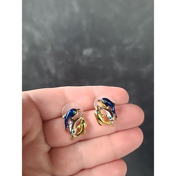 Dolphin Enamel Rhinestone Stud Earrings Vintage Costume Jewelry - Picture 4 of 10